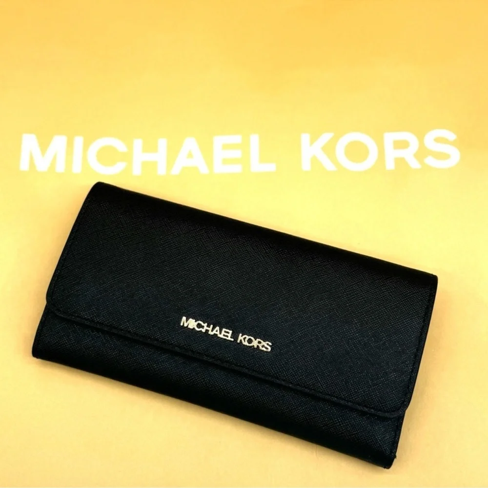 Michael Kors Trifold Wallet Leather Black/Gold - Picture 1 of 10